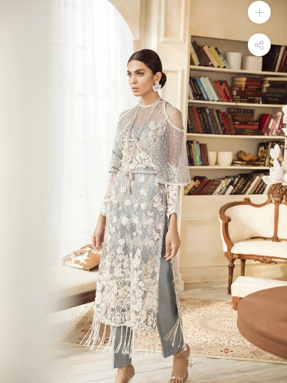 Suffuse Fresco Embroidered Silver Dress with Sheer Capelet and Fringe Detail